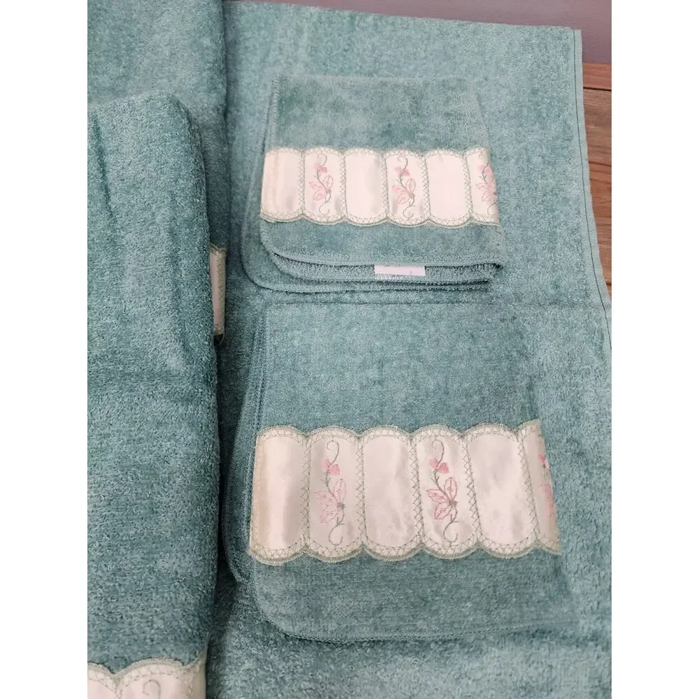 Vintage Towels Green With Cottage Lace Edge Farmhouse Country Set Of 6